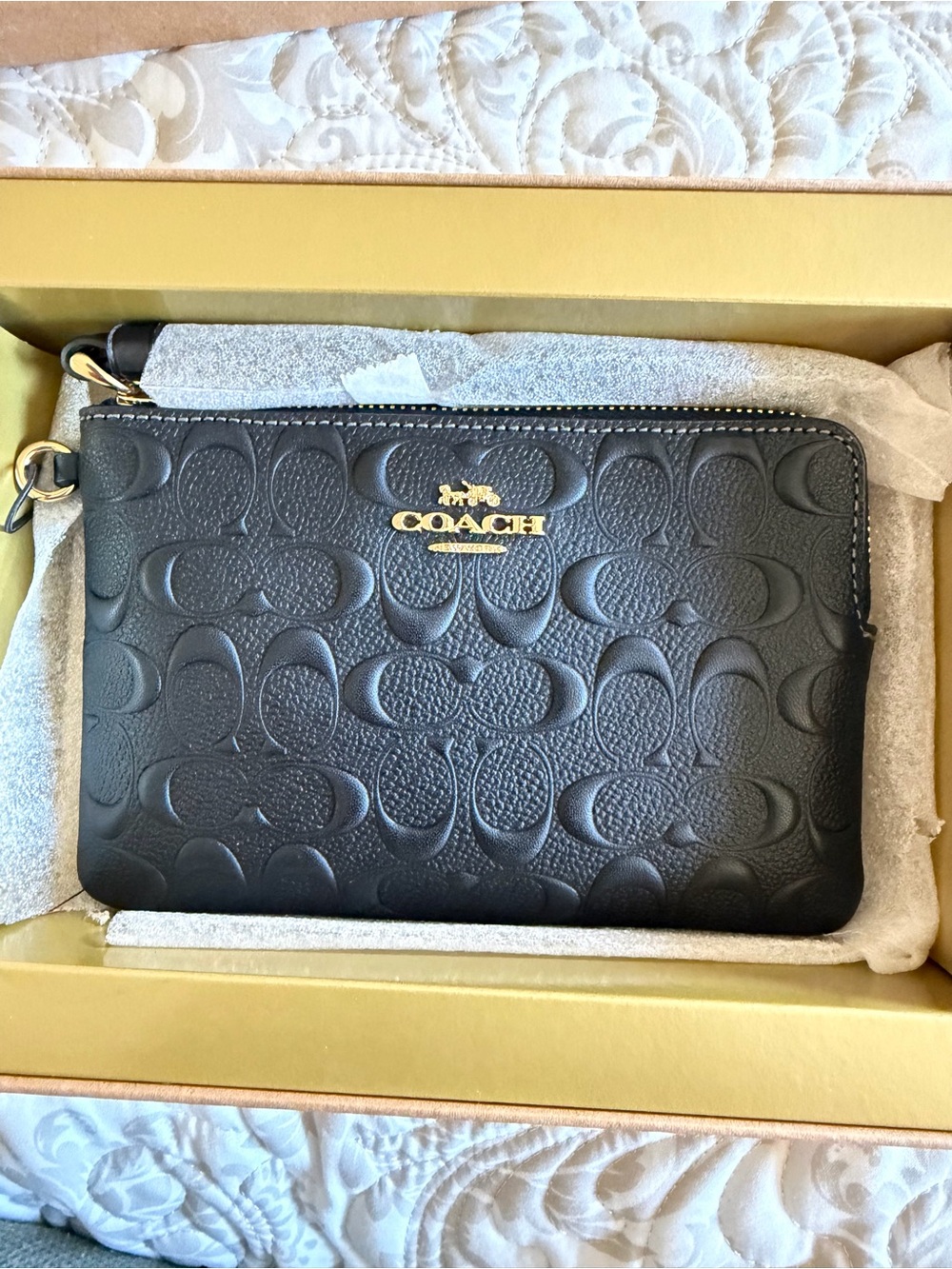 Coach Black Embossed Signature Leather Wristlet with Gold Logo